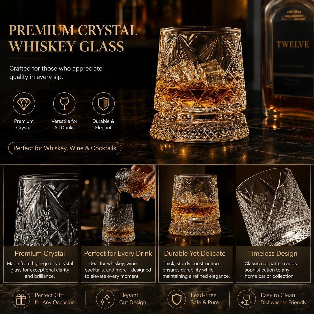 Diamond-Patterned Whisky Glass - Crystal Glass Rotating Cup