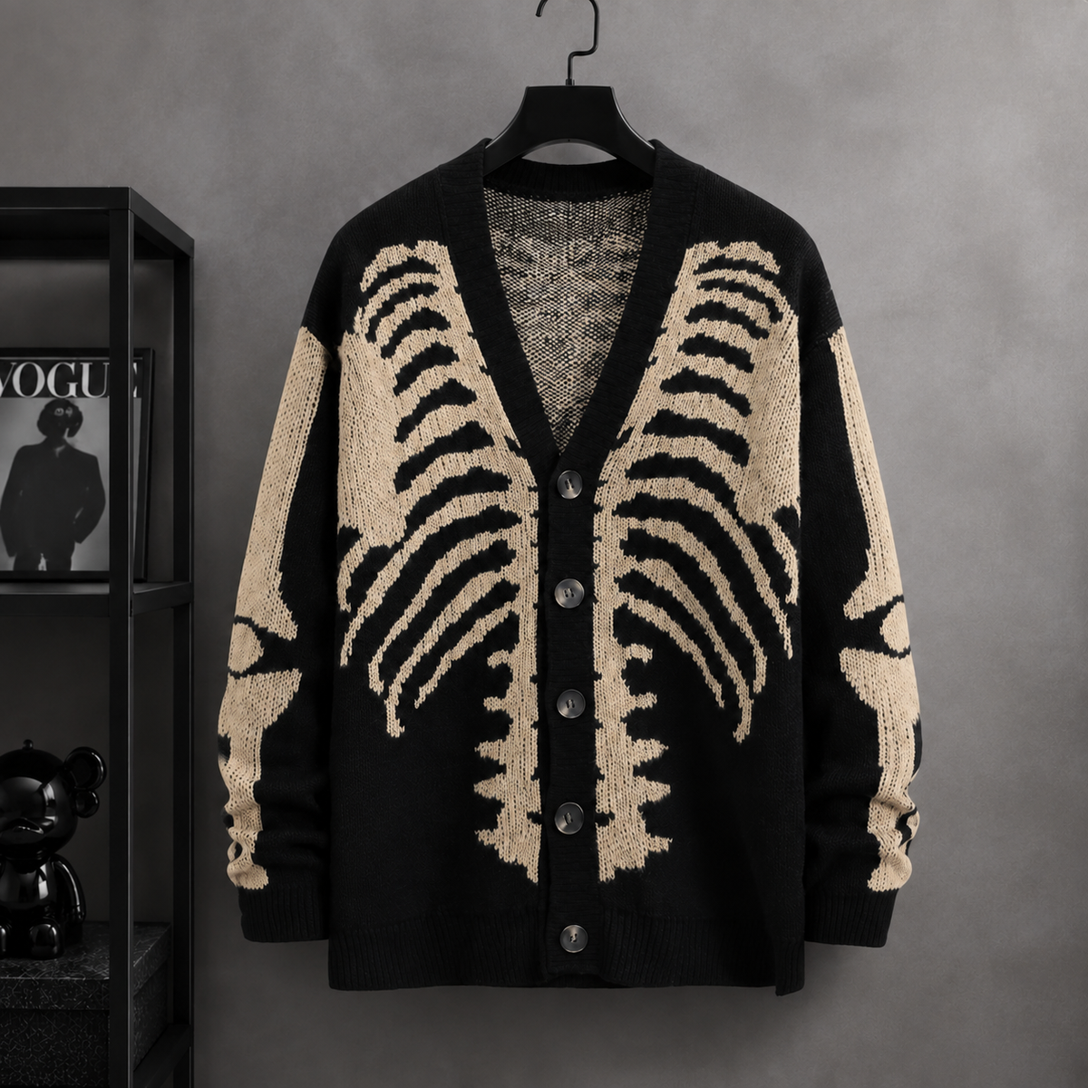 🧥Skull Print Button-Up Sweater