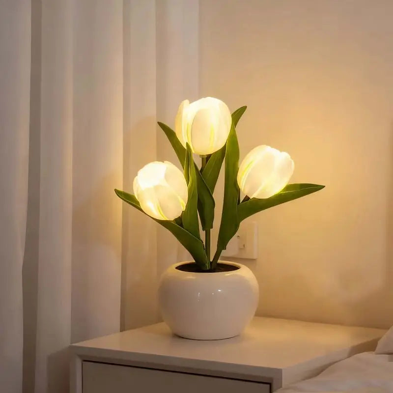 🌷LED Dimmable Plastic Tulip Artificial Flower Desk Lamp with Vase
