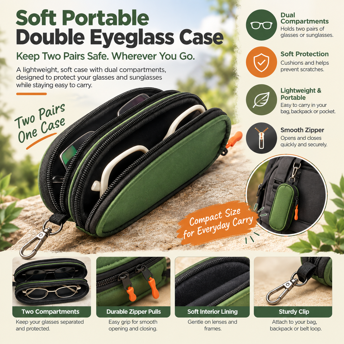 Soft Portable Double Eyeglass Case Zipper Sunglasses Bag