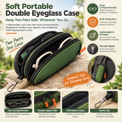 Soft Portable Double Eyeglass Case Zipper Sunglasses Bag
