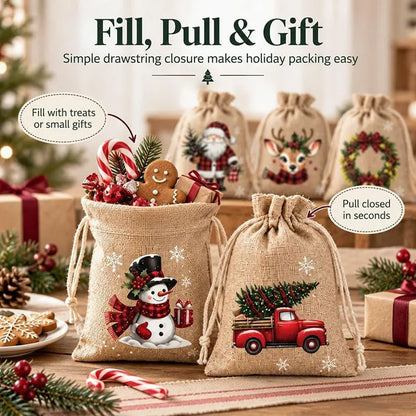 🎁 Christmas Drawstring Gift Bags – Festive Santa & Reindeer Prints, Double Drawstring Closure & Durable Fabric – Holiday Cheer in Every Gift ✨