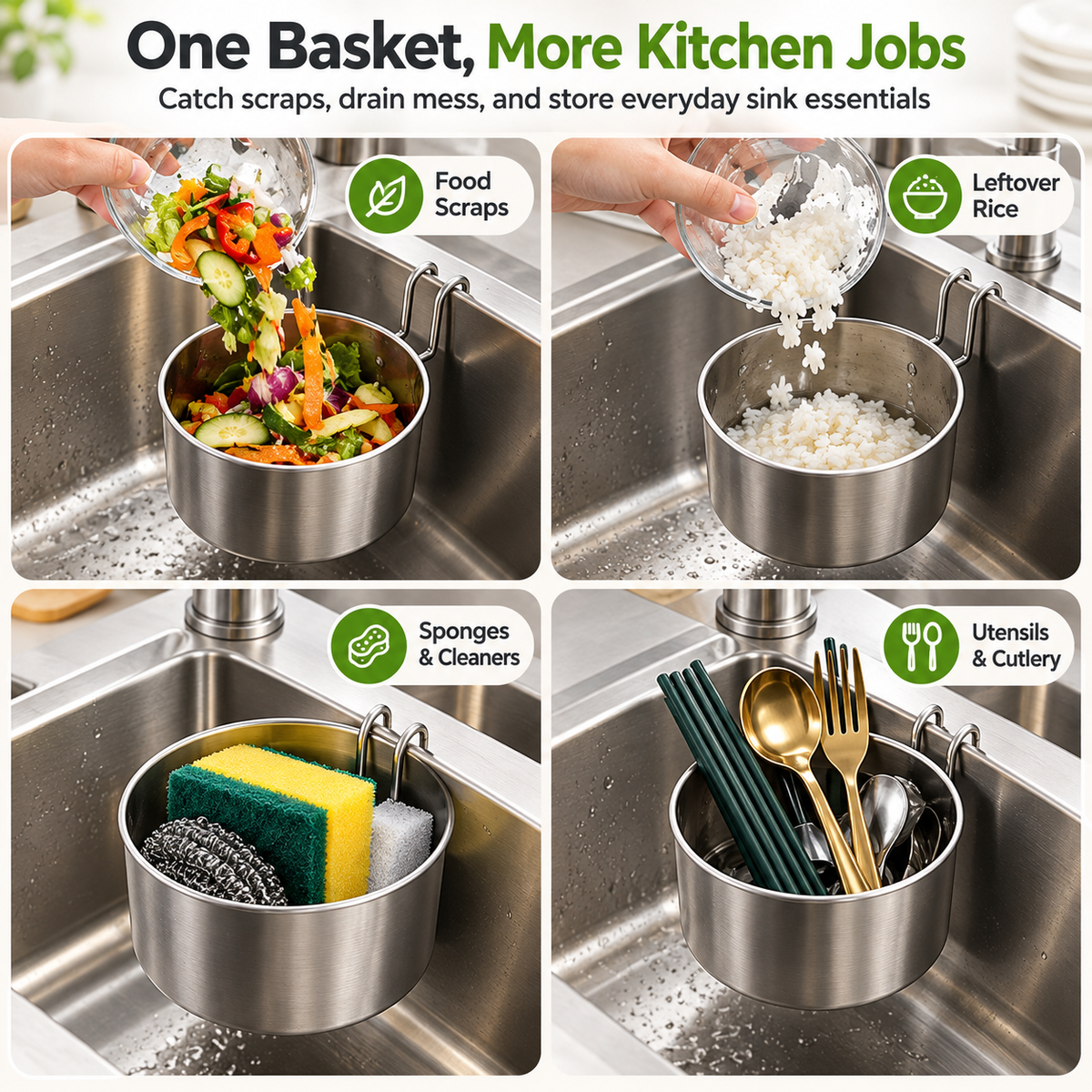 🛡️Stainless Steel Hanging Sink Strainer Basket – For Filtering Food Scraps and Washing Kitchen Fruits and Vegetables