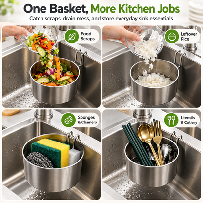 🛡️Stainless Steel Hanging Sink Strainer Basket – For Filtering Food Scraps and Washing Kitchen Fruits and Vegetables