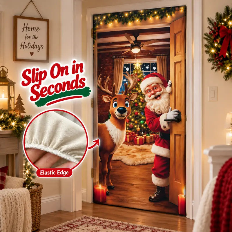 Christmas Door Cover - Stretch Fit Santa & Reindeer Door Decoration