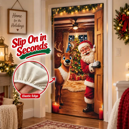 Christmas Door Cover - Stretch Fit Santa & Reindeer Door Decoration