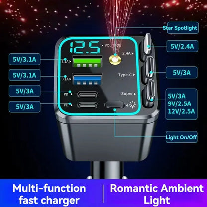 7-in-1 Retractable 120W Car Charger with Starry Sky Ambient LightAutomobiles