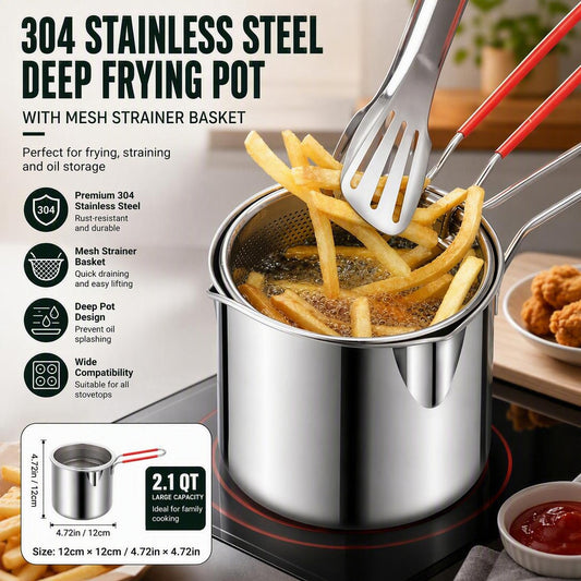 304 Stainless Steel Deep Frying Pot with Mesh Strainer Basket