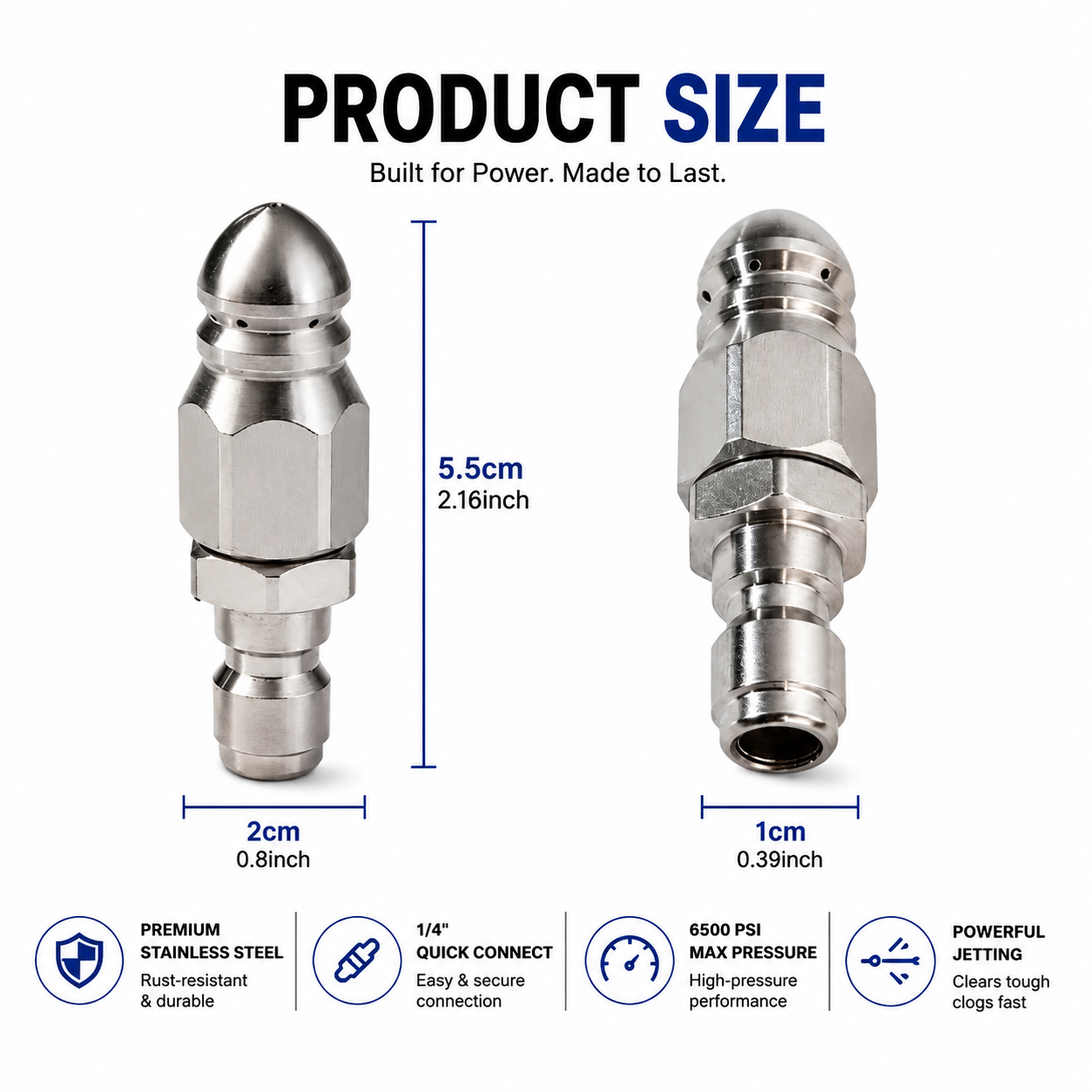 🔥6500 PSI Stainless Steel Sewer Jetter Nozzle – 1/4" Quick Connect Drain Cleaning Attachment for Pressure Washers