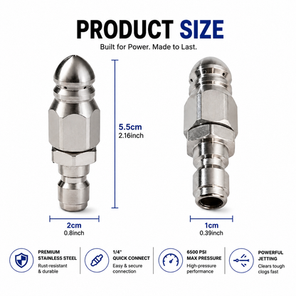 🔥6500 PSI Stainless Steel Sewer Jetter Nozzle – 1/4" Quick Connect Drain Cleaning Attachment for Pressure Washers