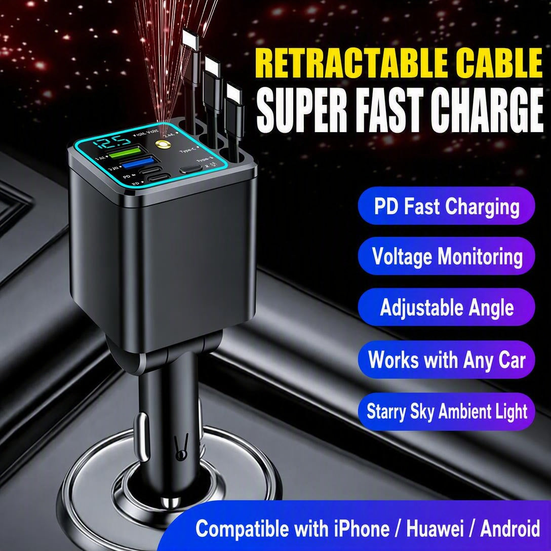 7-in-1 Retractable 120W Car Charger with Starry Sky Ambient LightAutomobiles