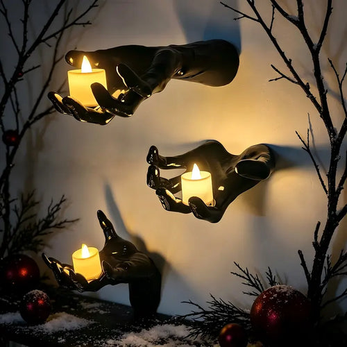 🕯️ Halloween Wall Mounted Creepy Reaching Hands with Lighted Candles, Life-Sized Horror Hands