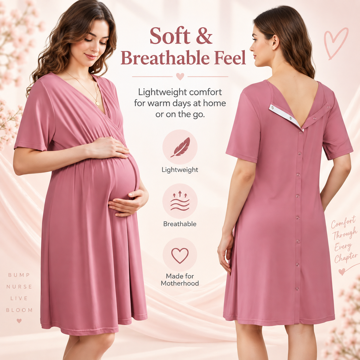 New V-neck Solid Color Maternity Nursing Short Sleeve Loose Breathable Dress