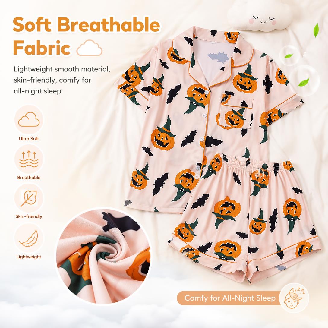 🎃👔Women's Halloween Printed Collar Short-Sleeved Shorts Pajama Set
