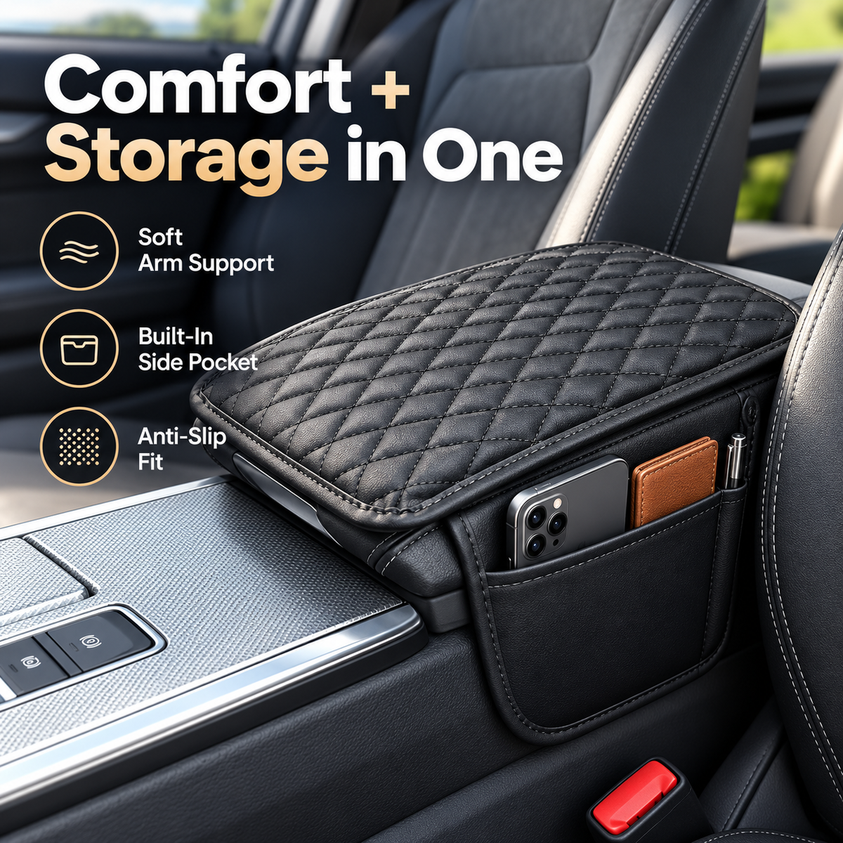 🚗Multi-functional car armrest box mat (with built-in storage bag)