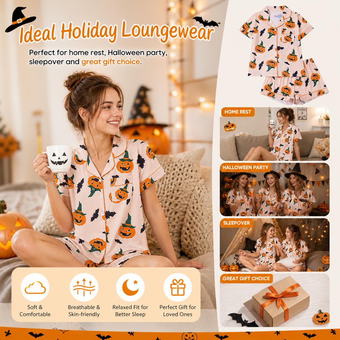 🎃👔Women's Halloween Printed Collar Short-Sleeved Shorts Pajama Set