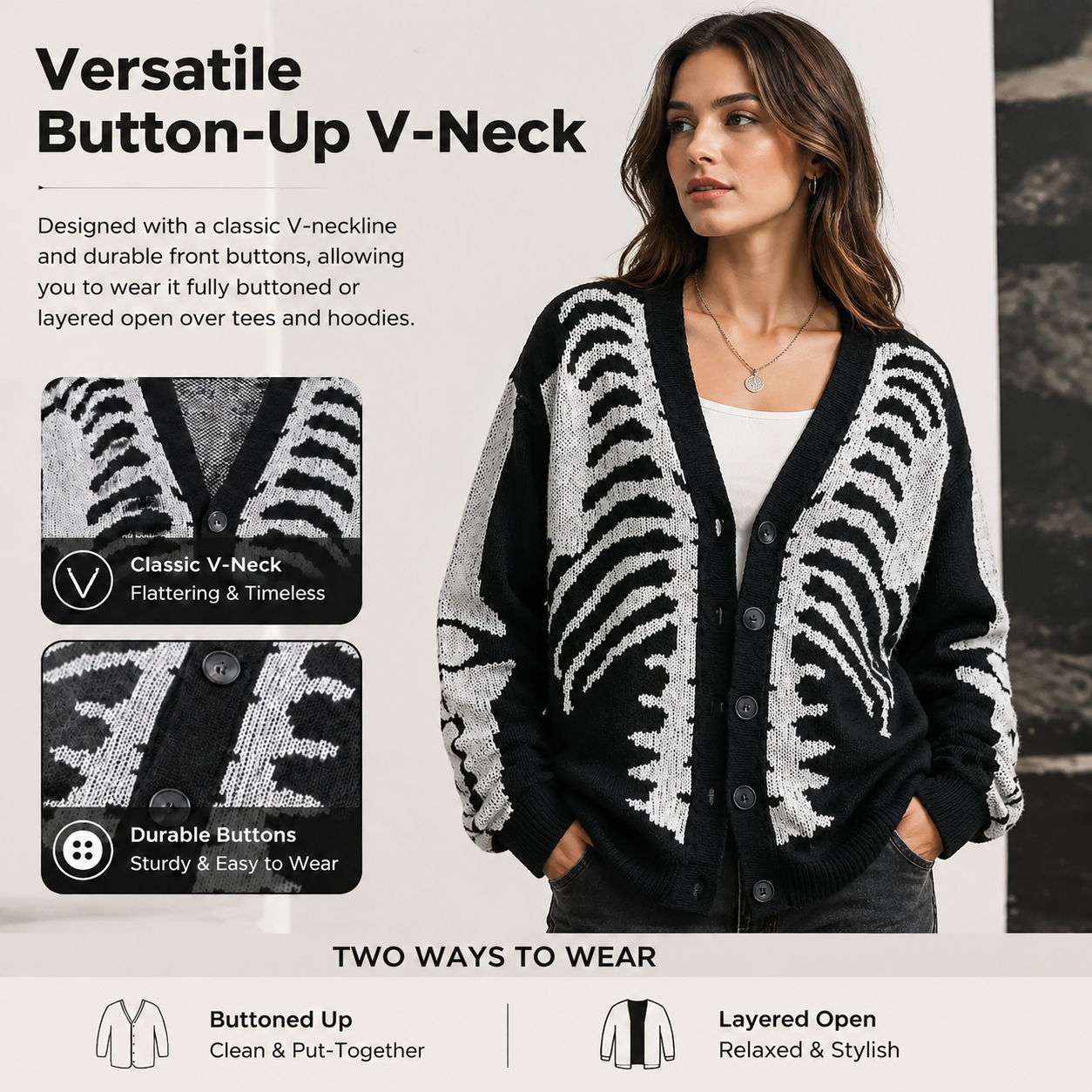 🧥Skull Print Button-Up Sweater