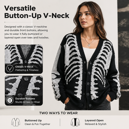 🧥Skull Print Button-Up Sweater