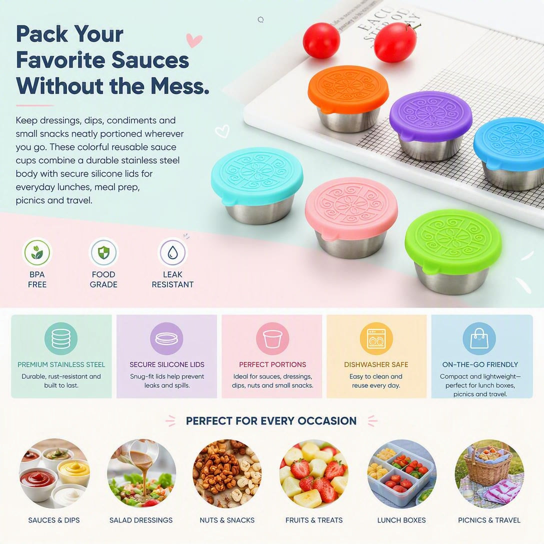 Stainless steel salad dressing takeaway container with Leakproof Silicone Lids（6Pcs）