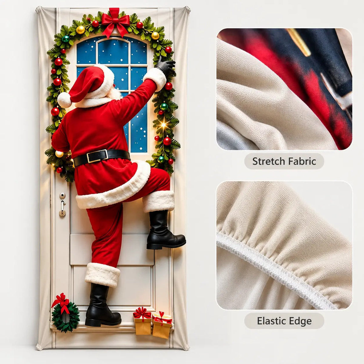 🎄 Stretch-Fit Christmas Door Cover – 4-Side Elastic Holiday Decoration