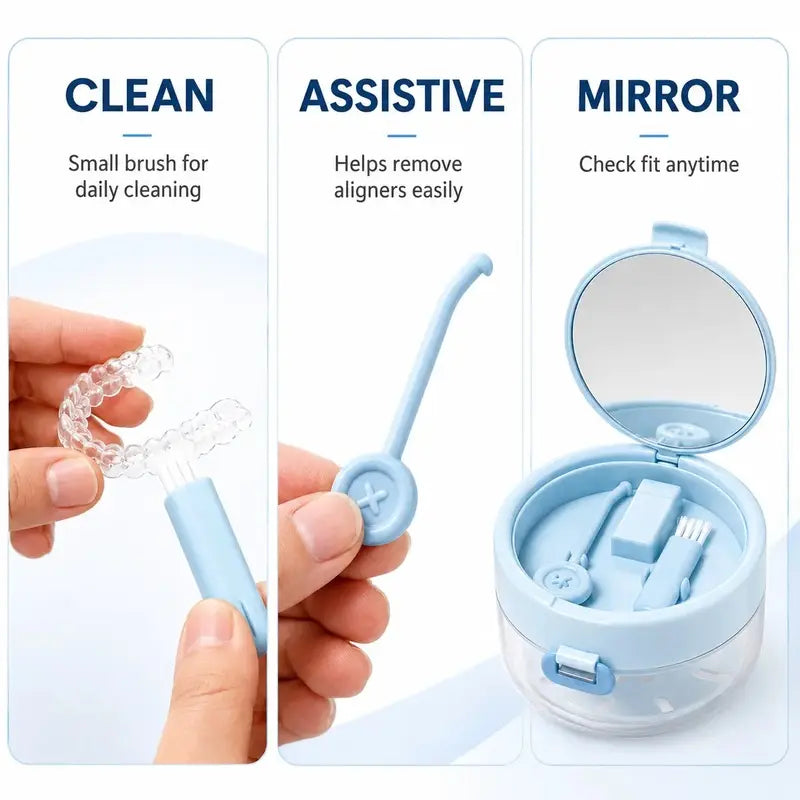 3-in-1 Oral Retainer Cleaner Case Box with Handle Toothbrush Holders