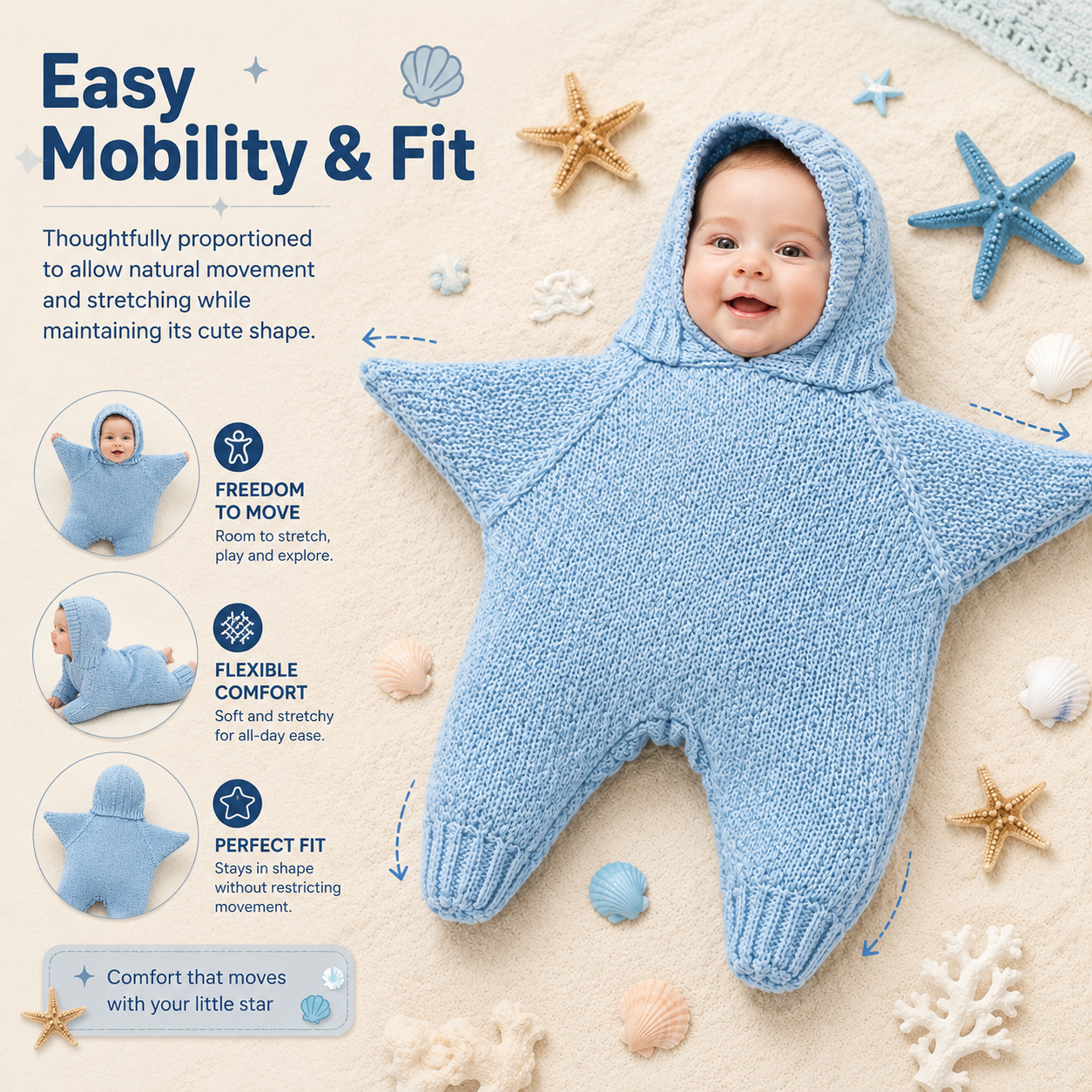 👶Baby starfish knitted bodysuit – cute hooded photo outfit