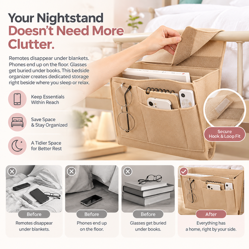 Bedside Caddy, 5 Pockets Felt Bedside Storage Organizer
