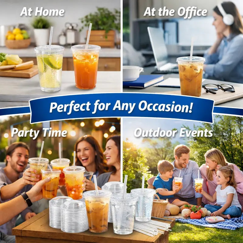 🚰Disposable To-Go Plastic Cups with Lids, 10 Pack