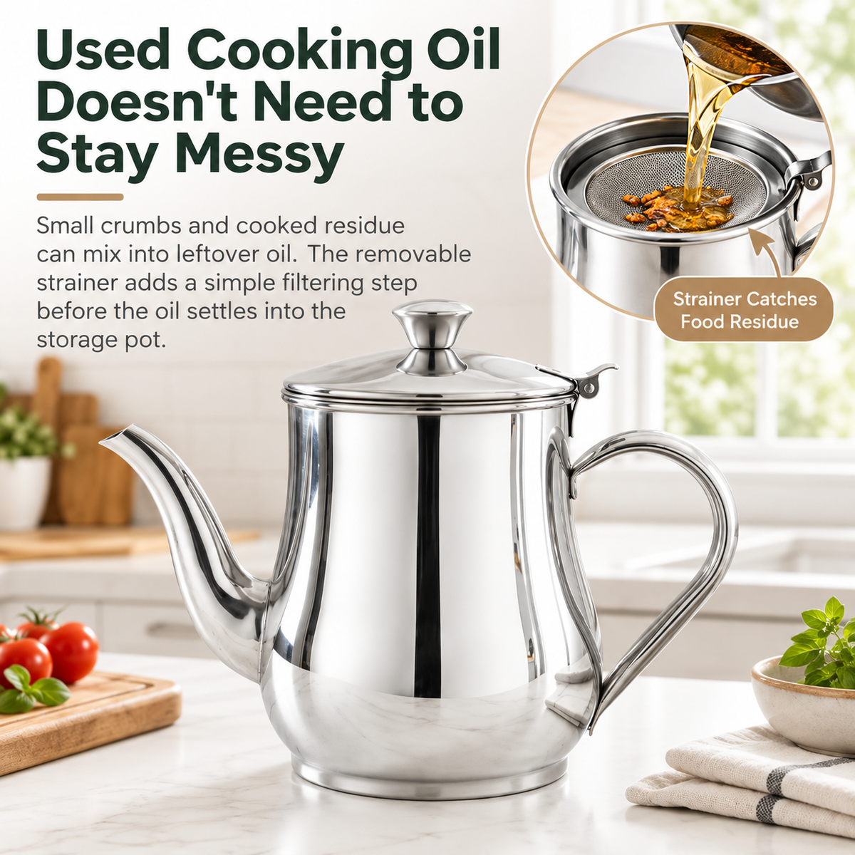 Stainless Steel Grease Container with Strainer