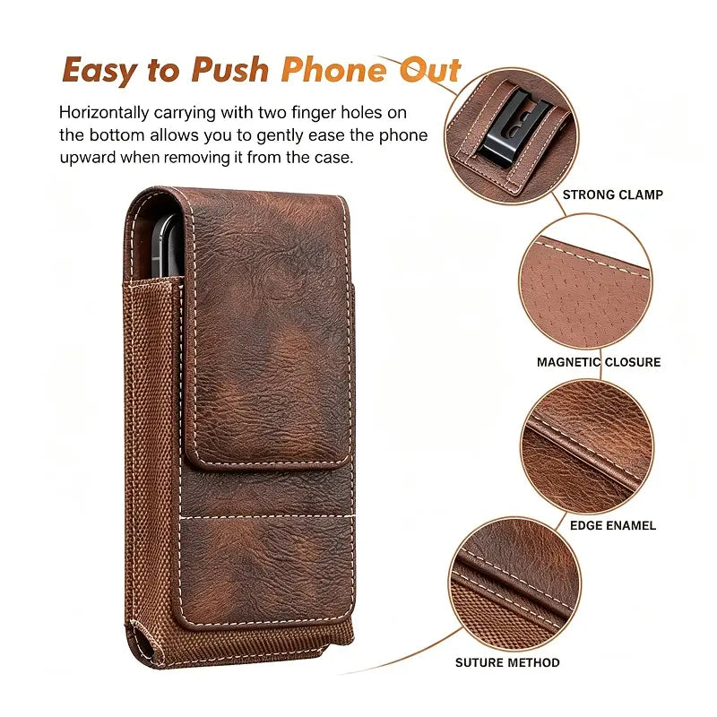 Men's waist phone pouch showing bottom phone access and reinforced details
