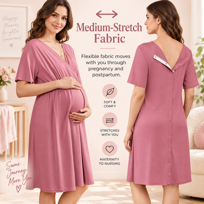 New V-neck Solid Color Maternity Nursing Short Sleeve Loose Breathable Dress