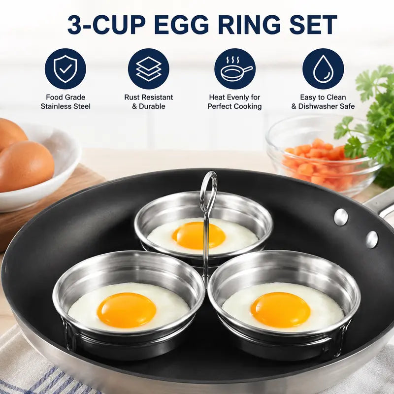 Stainless Steel Egg Poacher, 3 Cavity Steaming Egg Mold with Handle