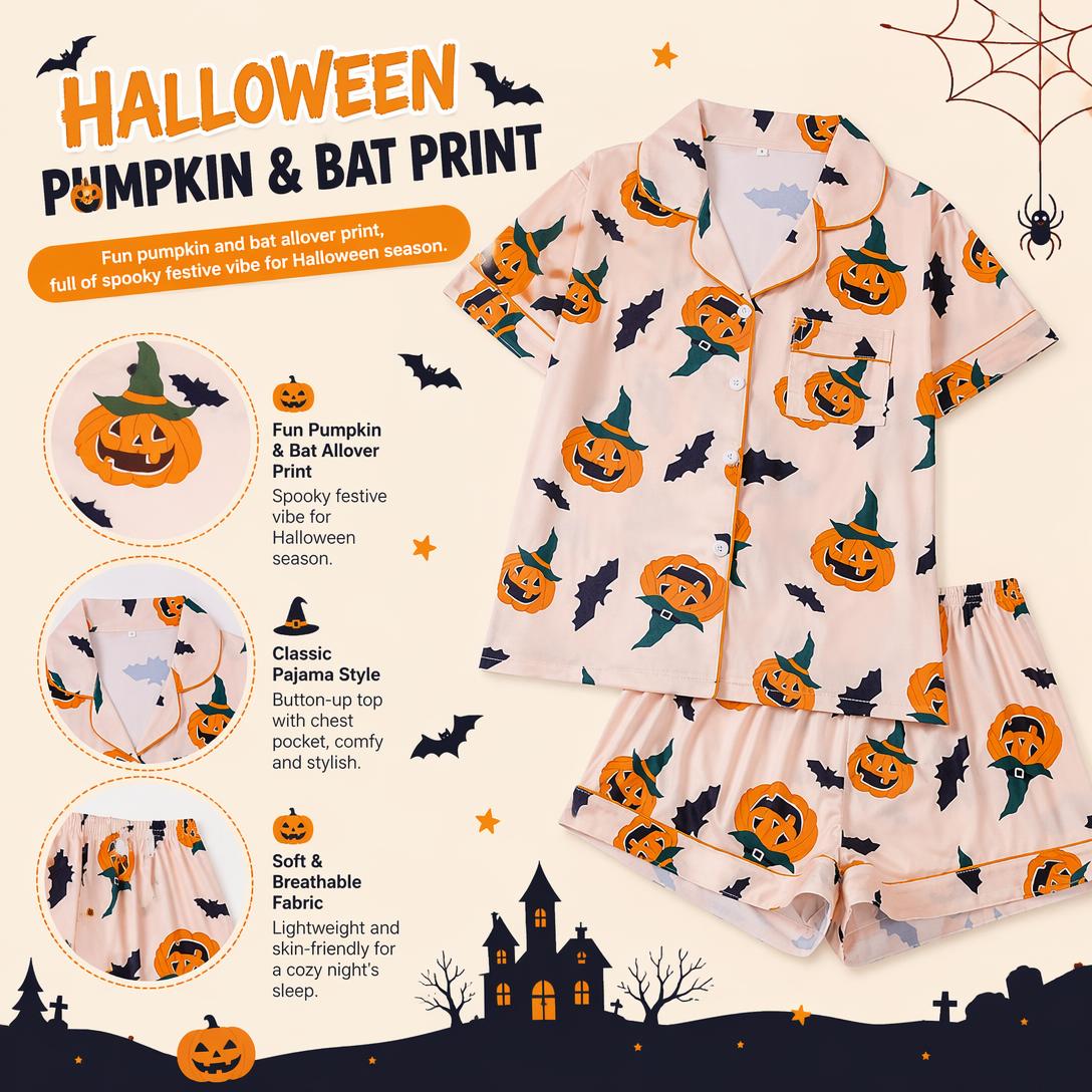 🎃👔Women's Halloween Printed Collar Short-Sleeved Shorts Pajama Set