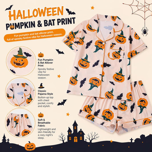 🎃👔Women's Halloween Printed Collar Short-Sleeved Shorts Pajama Set