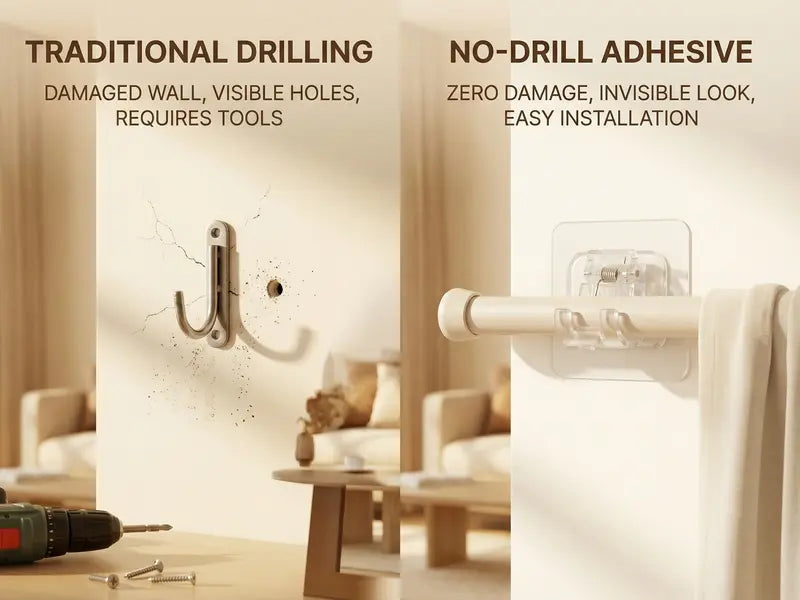 🔨🚫 No Drill Nail Free Adjustable Self Adhesive Curtain Rod Holder Hooks