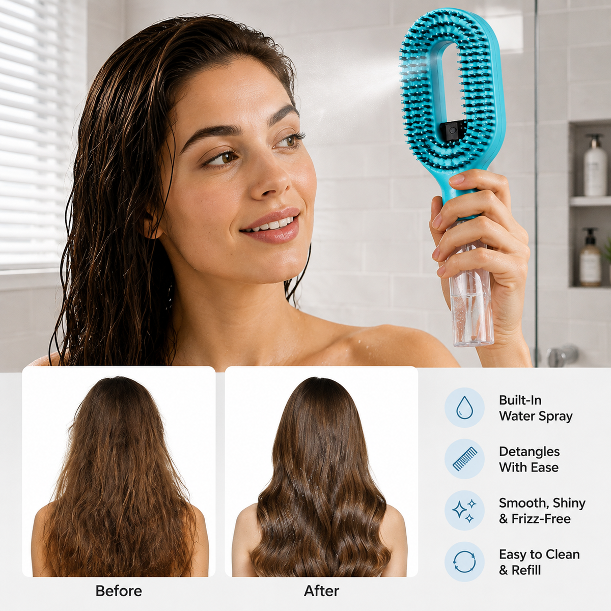 2‑in‑1 Spray Hair Brush, Refillable Detangling Styling Brush with Built‑in Water Spray