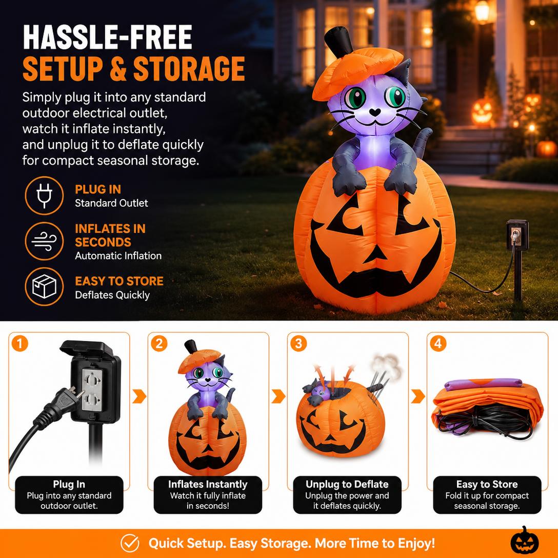 🎃Animated Halloween inflatable cat pumpkin with LED lights