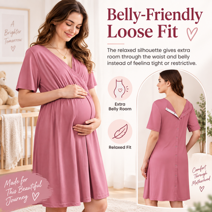 New V-neck Solid Color Maternity Nursing Short Sleeve Loose Breathable Dress