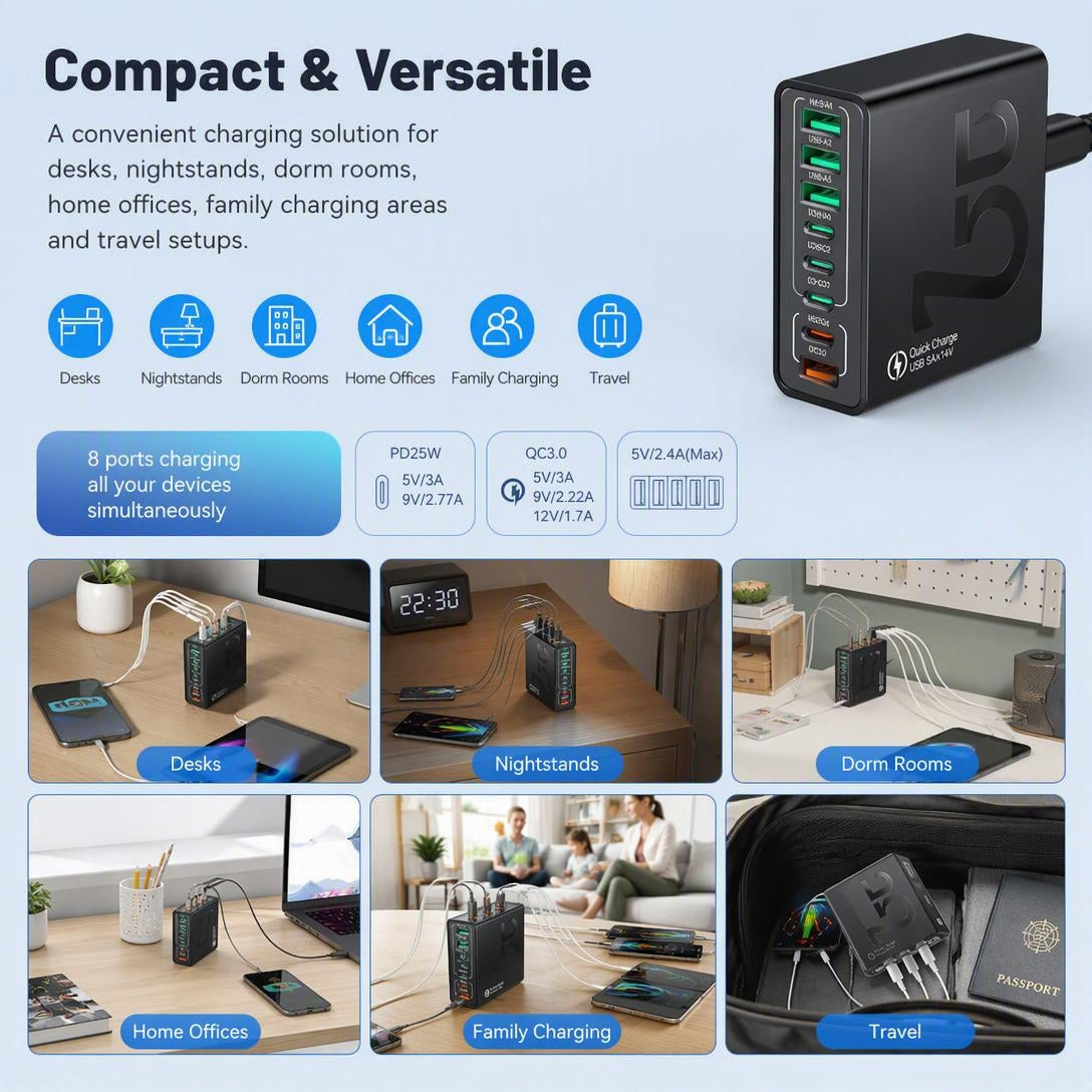 Portable Smart 8-Port Charger, Suitable For A Variety Of Devices