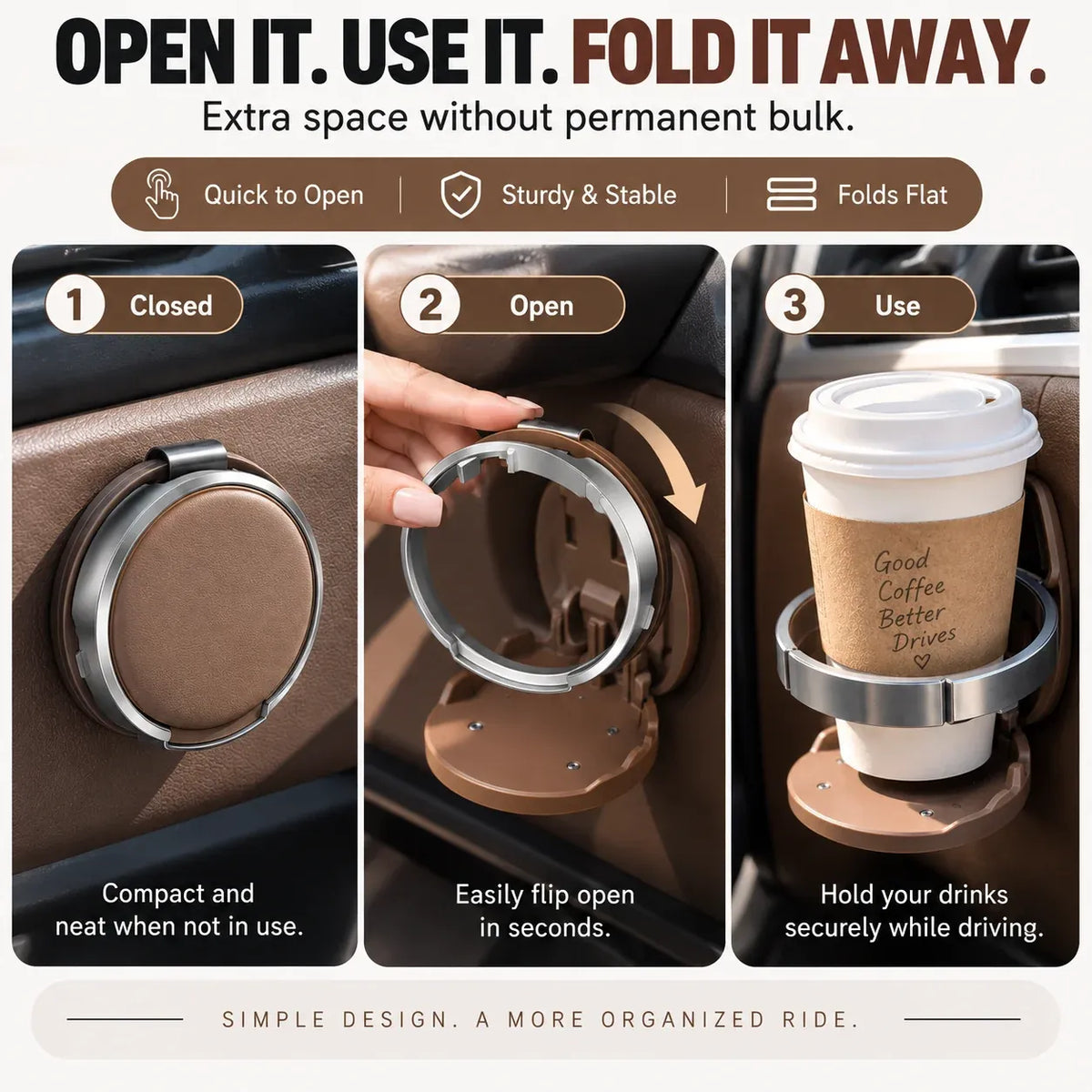 Foldable car cup holder opening and folding flat