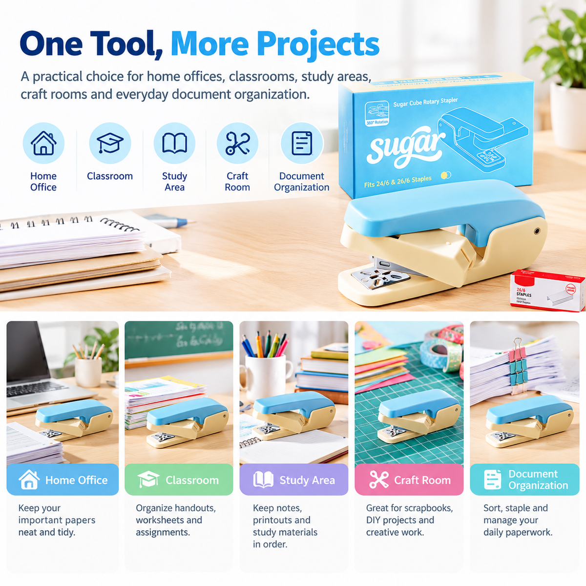 Rotating Swing Arm Stapler, 360 Degree Long Reach Stapler