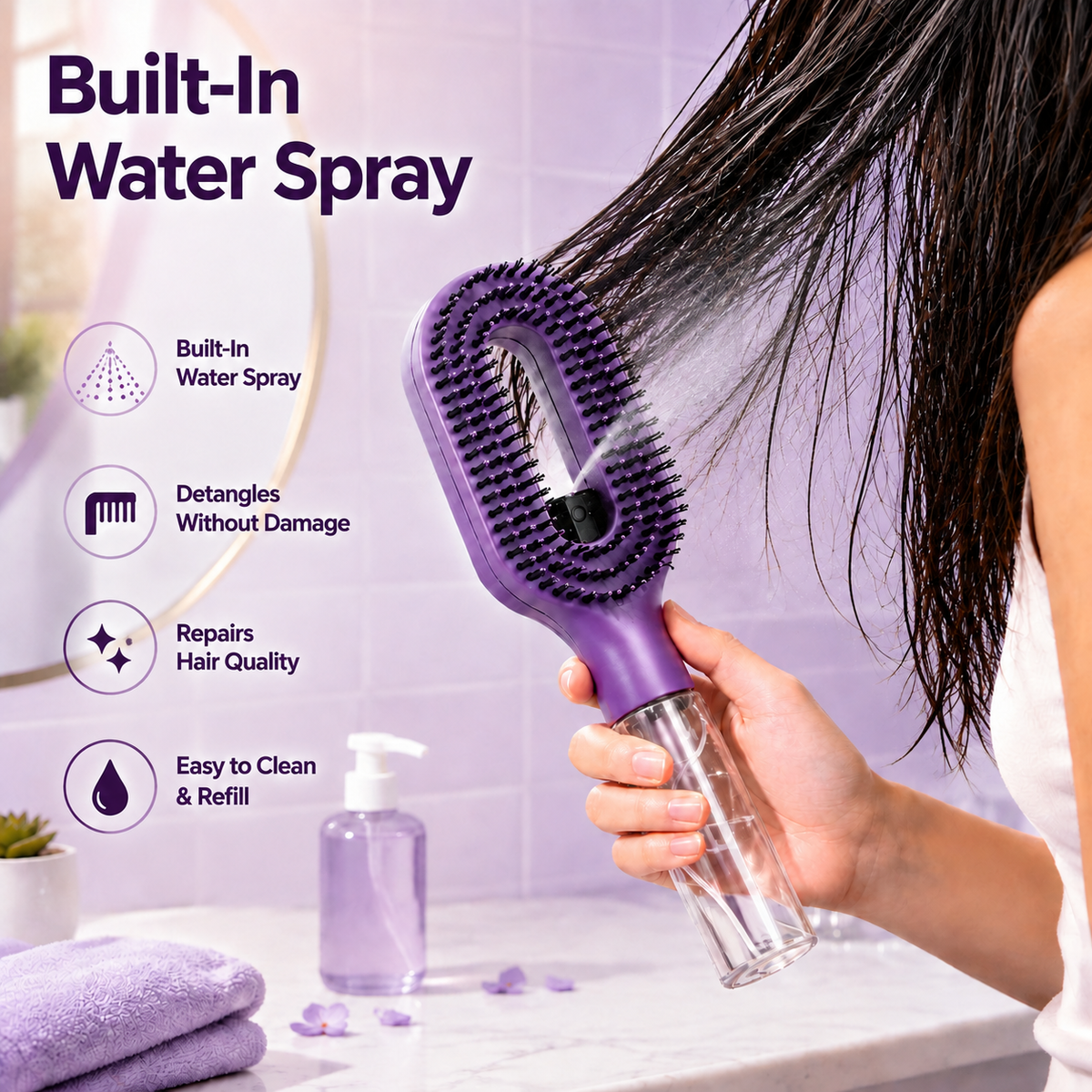 2‑in‑1 Spray Hair Brush, Refillable Detangling Styling Brush with Built‑in Water Spray