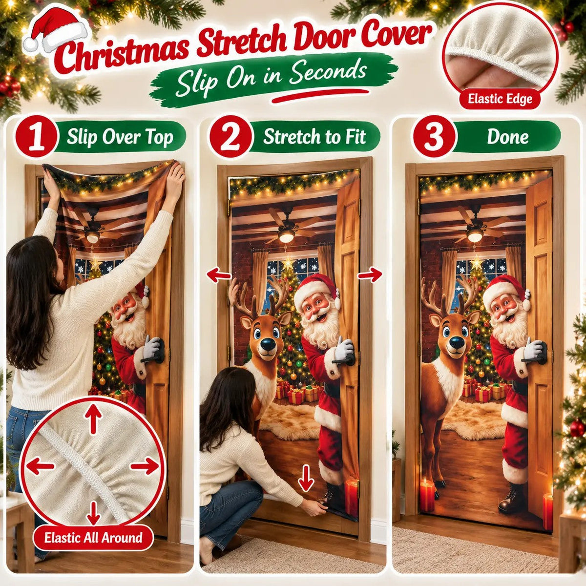 🎄 Stretch-Fit Christmas Door Cover – 4-Side Elastic Holiday Decoration