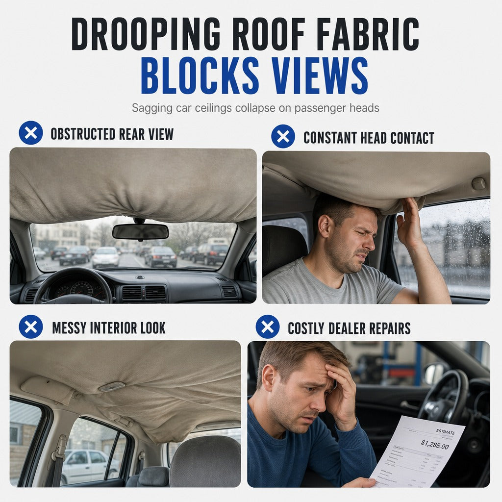 Sagging car headliner fabric hanging inside vehicle