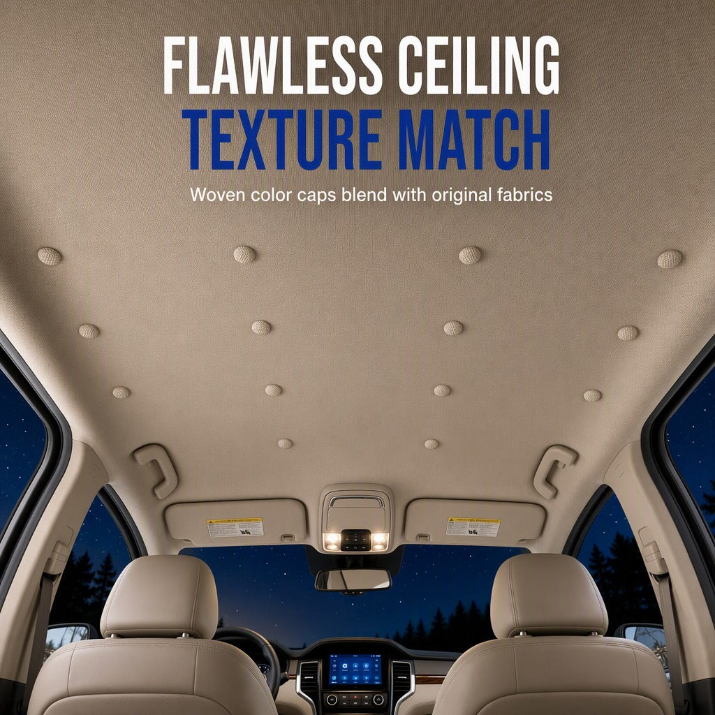 Fabric covered headliner repair buttons installed on roof lining