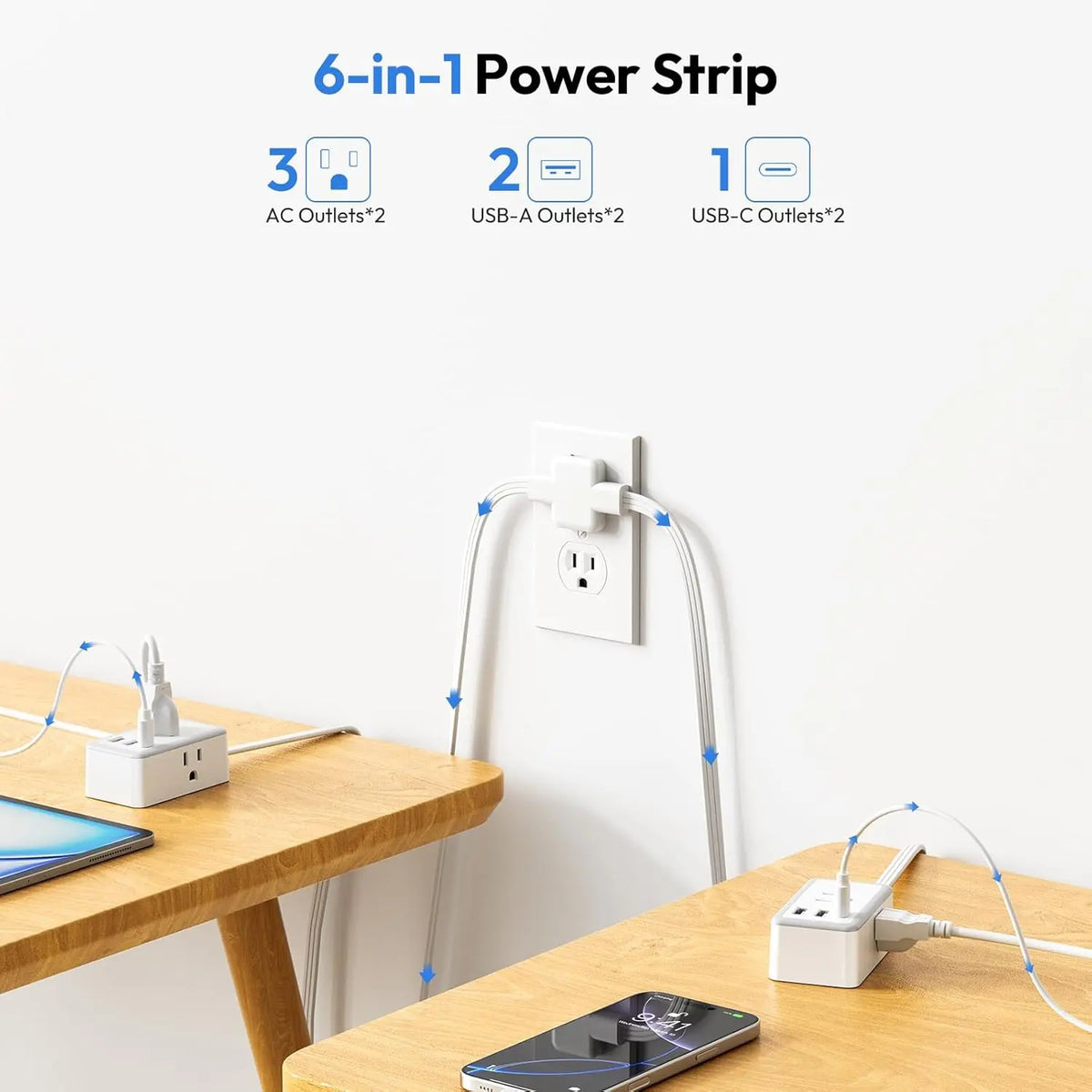 Six in one twin power strip with AC USB-A and USB-C ports