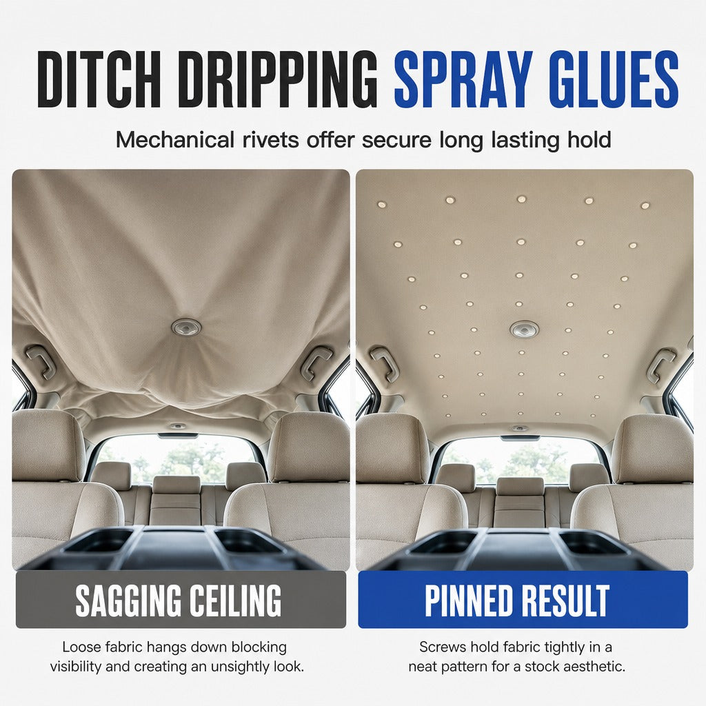 Before and after sagging car headliner repair