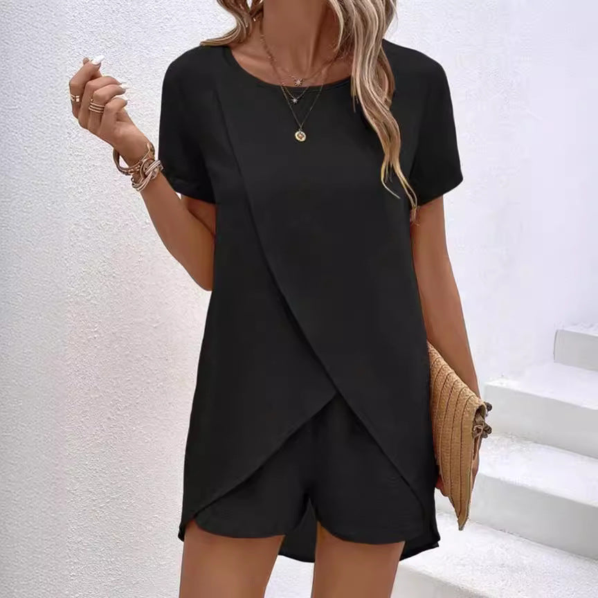 🔥Hot Sale 49% off🌟🧥 Women's Solid Color Irregular Top & Shorts Two Piece Set