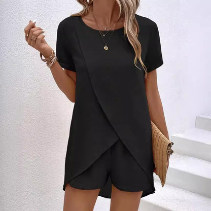 🔥Hot Sale 49% off🌟🧥 Women's Solid Color Irregular Top & Shorts Two Piece Set